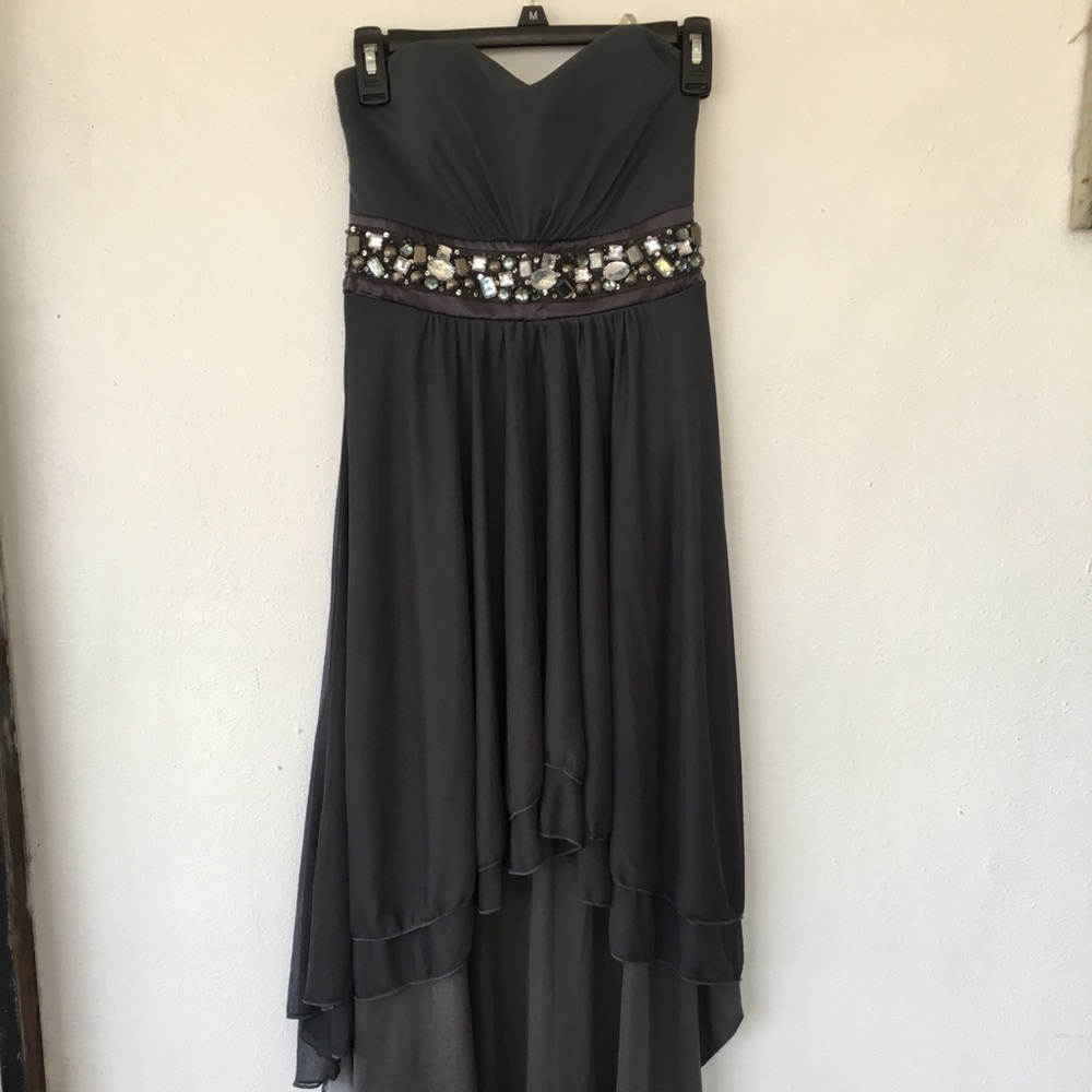 Grey jeweled chiffon high low prom dress